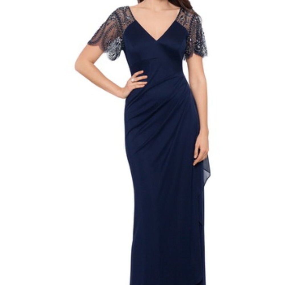 Xscape Neo Navy Blue Beaded Sleeve Ruched Column Gown Dress